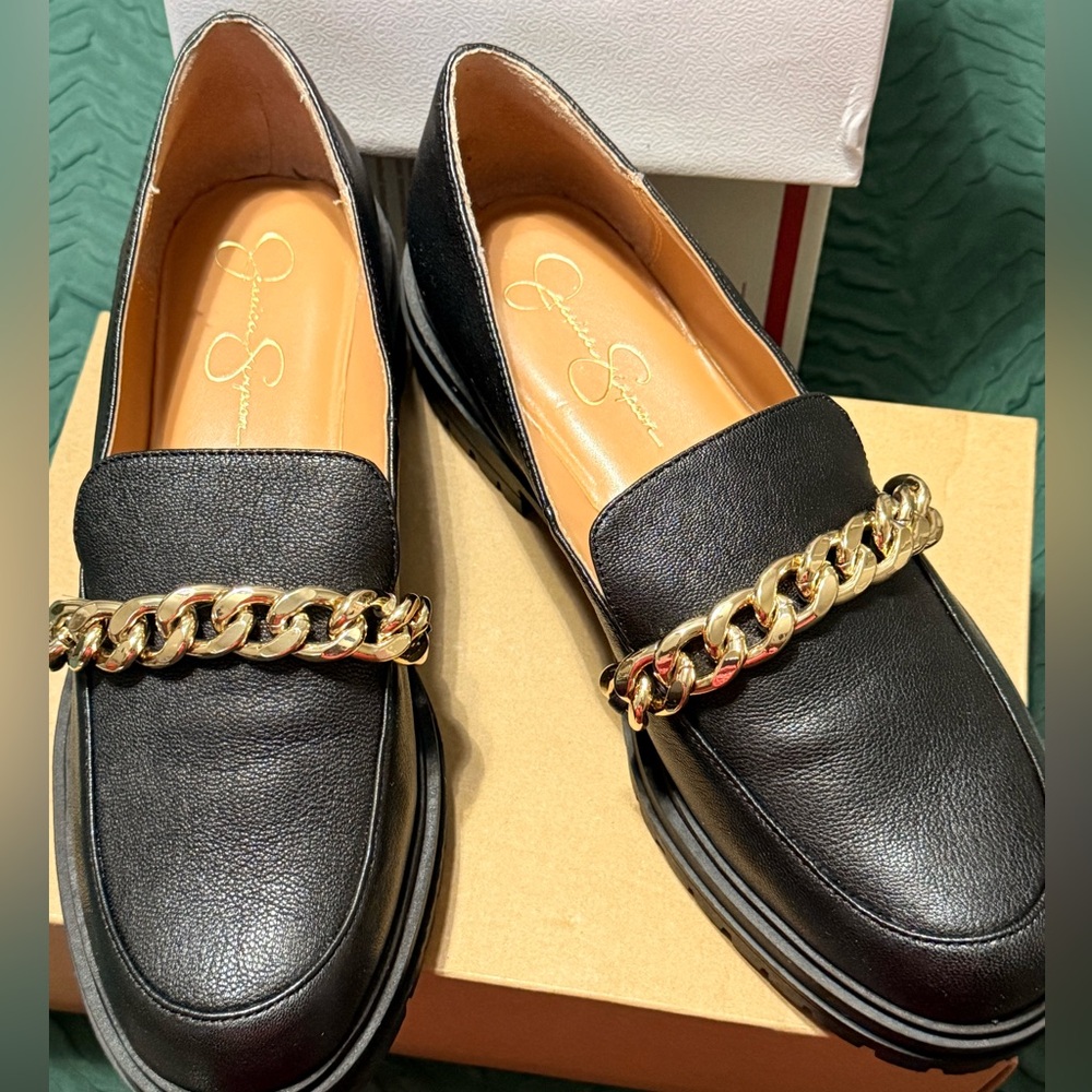 Jessica Simpson Black Leather Loafers with Gold Chain Detail Sz 11 Worn Twice
